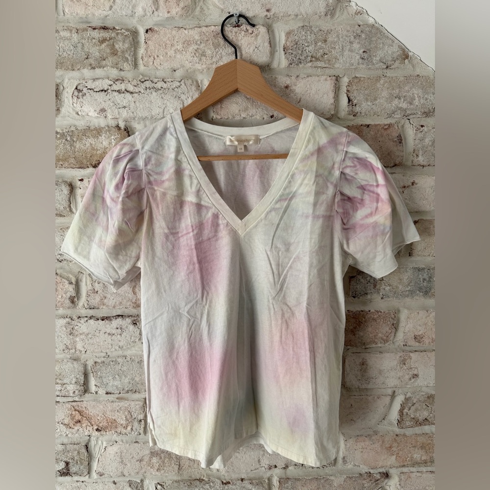 LoveShackFancy Pastel Tie-Dye V-Neck Puff Sleeve Tee XS